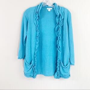 Garnet Hill Wool Blend Aqua Ruffle Neck Cardigan